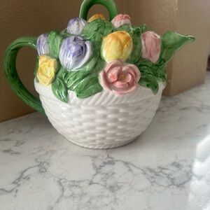 Floral Ceramic Teapot with Green Handle